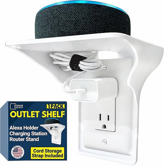 BeraTek Power Perch Wall Outlet Shelf with Cord Storage Strap - Declutter & Reclaim Counter Space - Alexa Holder, Charging Stand, Apple Homepod Mini Wall Mount - White, 1-Pack