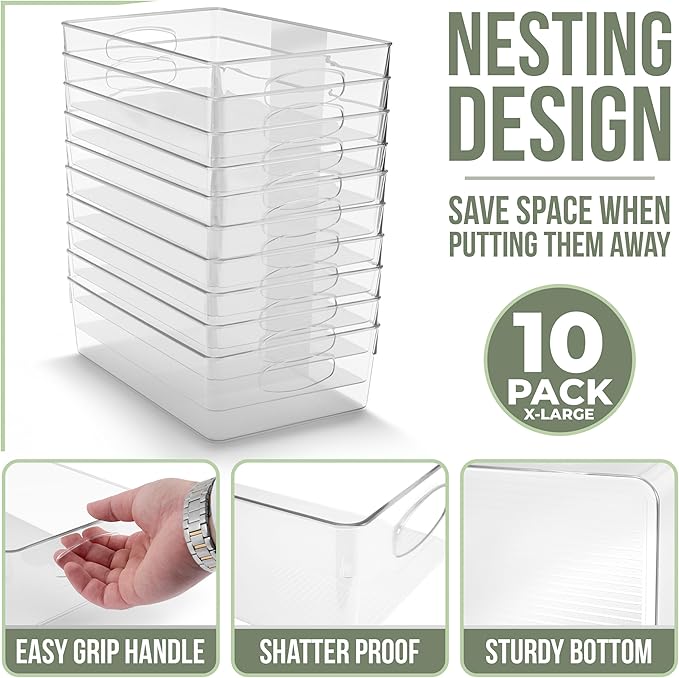 Sorbus 10-Pack XL Clear Plastic Organizing Bins – Clear Bins for Organizing, Refrigerator Organizers, Fridge Organizer, Pantry Storage, Kitchen Organizer, and Pantry Organizers and Storage Bins
