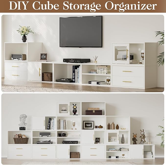 White Dresser with Sliding Door, Tall Dresser for Bedroom and Closet, 3 Pcs Stackable Cubby Storage Organizers, Wood Dressers for Living Room and Bedroom