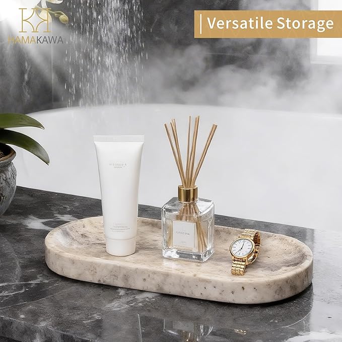 Bathroom Vanity Tray, Natural Marble Oval Tray 10 inch, GreyTravertine Vanity Tray for Soap Dispenser Modern Countertop Organizer for Kitchen Countertops, Home Decor