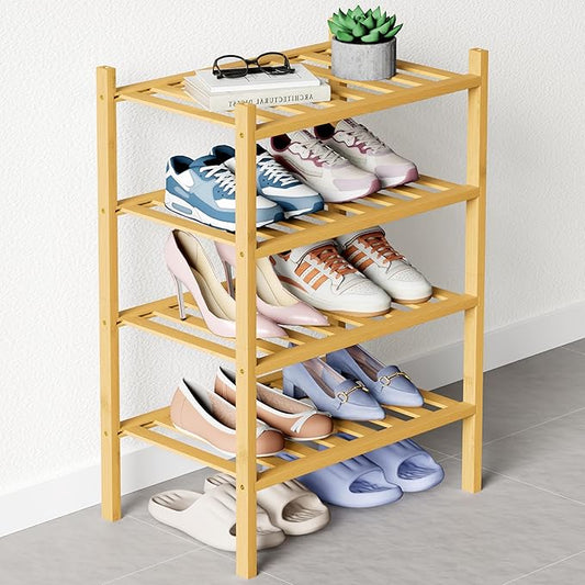 Smiry Bamboo Shoe Rack for Closet, 4 Tier Small Wooden Stackable Shoe Organizer, Free Standing Shoes Storage Shelf for Entryway, Front Door Entrance, Natural