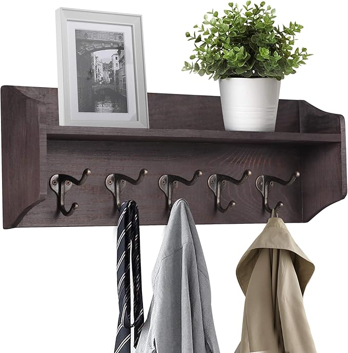 LAVIEVERT Coat Hooks with Storage Shelf Wall-Mounted, Rustic Wood Hanging Coat Rack with 5 Vintage Metal Hooks for Entryway, Living Room, Kitchen, Bathroom - Brown