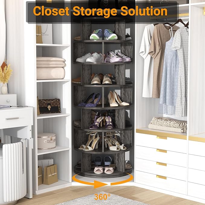 Aheaplus Rotating Shoe Rack Tower, 7-Tier Spinning Shoe Rack 360 Revolving Shoe Rack Organizer for Closet, Display Round Storage Carousel Shoes Closet Organization, Grey Oak