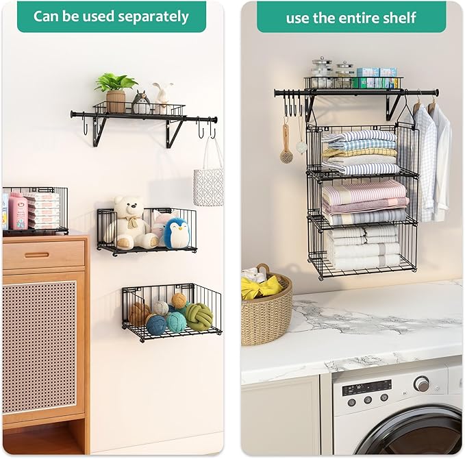 bukfen 3 Tier Hanging/Wall Closet Organizer with 4 Hooks,Stackable Closet Organizers and Storage Shelves,Foldable Wire Clothes Shelf,Hanging Laundry Basket Organizer，1 Pack