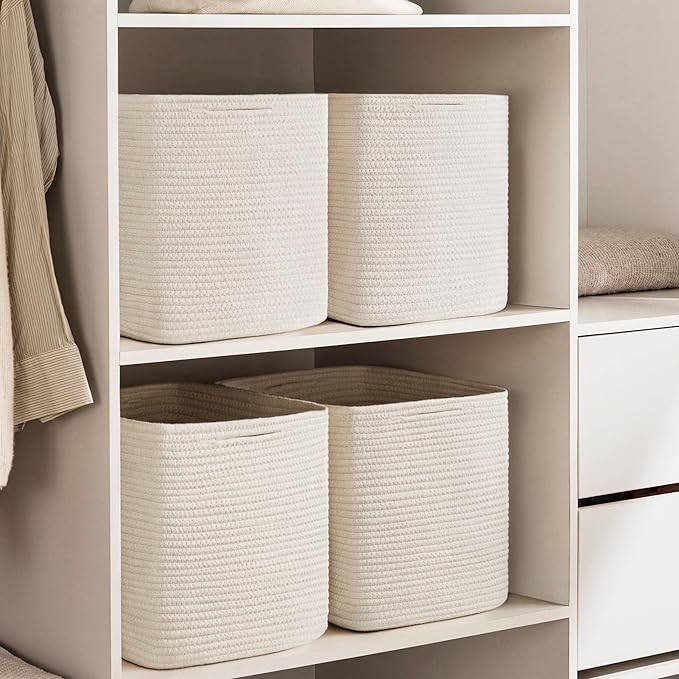 joybest 13x13x13 Inch Cube Storage Bins Set of 4, Cotton Rope Woven Organizer Basket for Shelves, Cube Bin Square Shelves Organizer Closet Storage, Nursery, Toy Organization, Beige