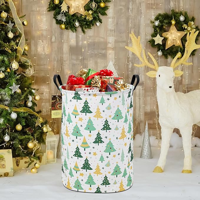 HUNRUNG Laundry Hamper,Large Canvas Fabric Lightweight Storage Basket Toy Organizer Dirty Clothes Collapsible Waterproof for College Dormsï¼Round-Green treeï¼