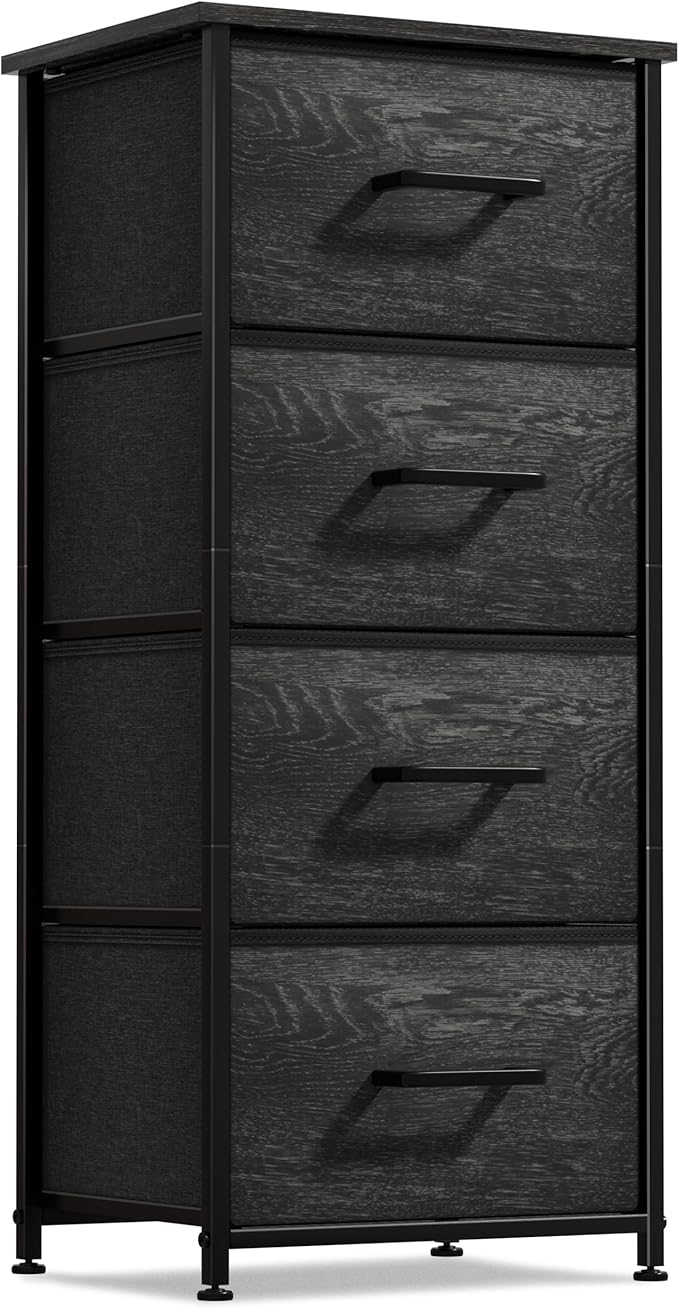 Sorbus Nightstand Dresser with 4 Faux Wood Drawers - Tall Bedside Table Chest with Storage, Steel Frame, Wood Top, Easy Pull Fabric Bins for Bedroom, Living Room, Closet & Dorm Furniture Lamp Stand