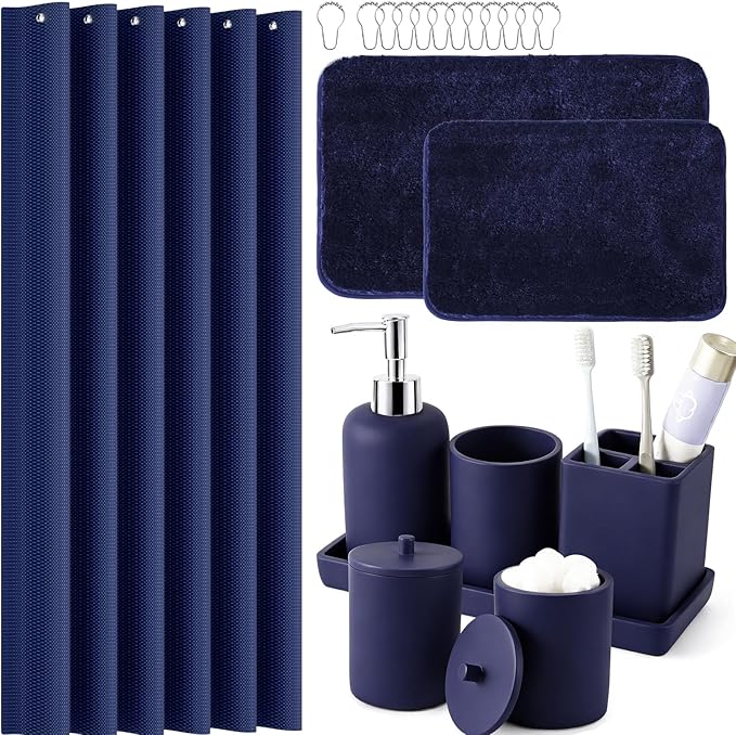 21 Pcs Bathroom Accessory Set with Waterproof Shower Curtain and Non Slip Mat,Resin Bath Set with Toothbrush Holder and Lotion Soap Dispenser,Bathroom Countertop Organizer Set for Home Apartment