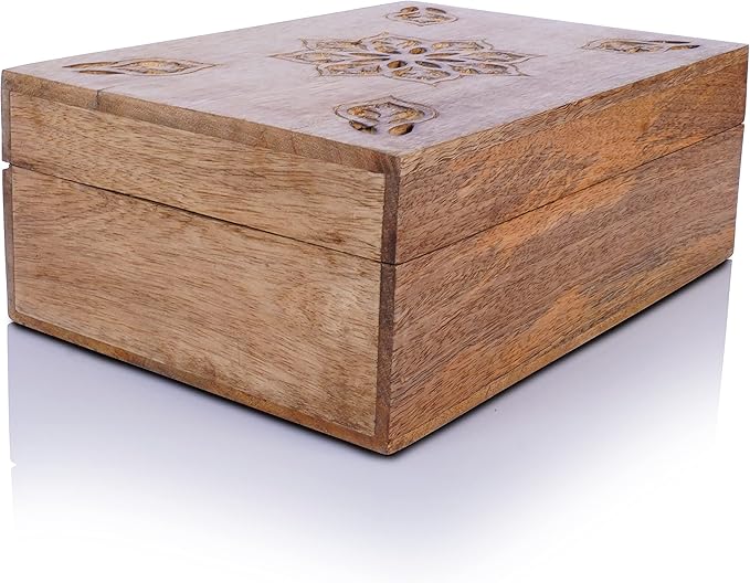 Mela Artisans Wooden Keepsake Box | Light Burnt Mango Wood Memory box | Photo Storage Box with Hinged Lid | Decorative Storage Box | Extra Large | 10.5x7.5x4 Inch