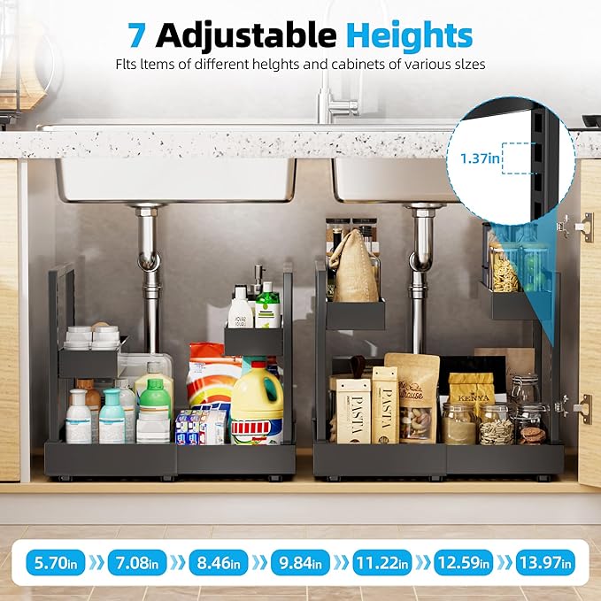 NEWMATIC Adjustable Under Sink Organizer Pull Out Drawers, 2-Tier Slide Out Cabinet Storage Shelf for Kitchen Sink, Height & Width Extendable Black, 15''D x 13''-20.5''W x 15''H(1Pack)