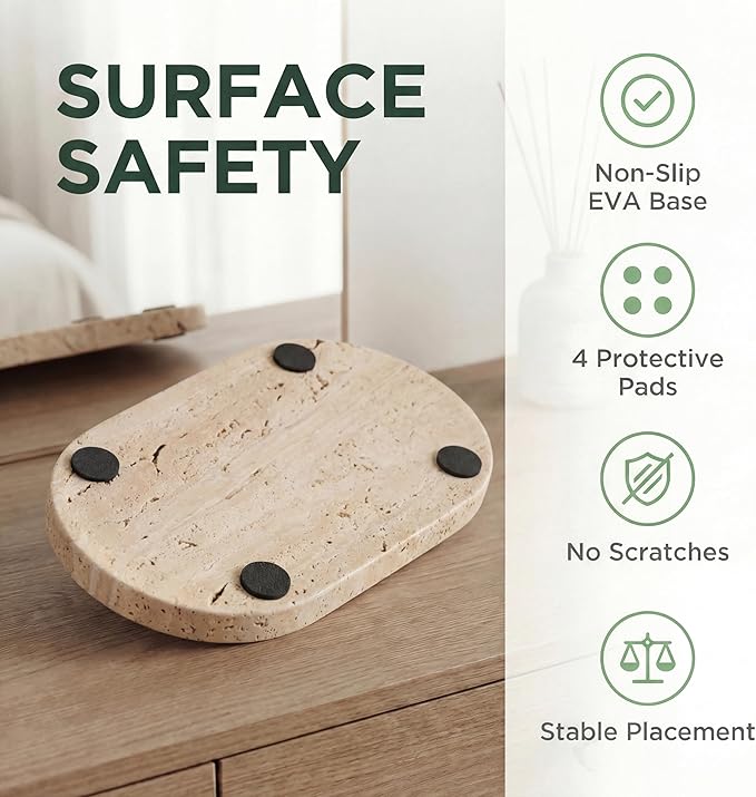 YKAJO 100% Natural Travertine Stone Tray, Unsealed Beige Marble Vanity Tray for Bathroom & Perfume, Raw Honed Finish Organizer for Jewelry, Candle & Coffee Table Decor, 11.6" L (Wabi-Sabi Aesthetic)