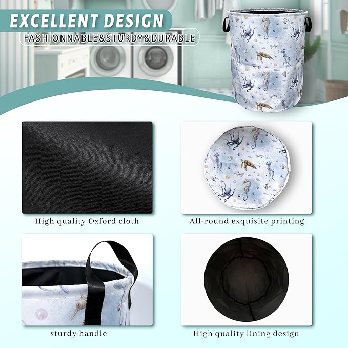 Colorful Octopus Seahorse Laundry Basket Foldable With Handles Tote Bag Oxford Cloth Funny Laundry Hamper Clothes Storage Bucket Toy Organizer 18.9" x 16.5" For Bathroom/Laundry/Bedroom