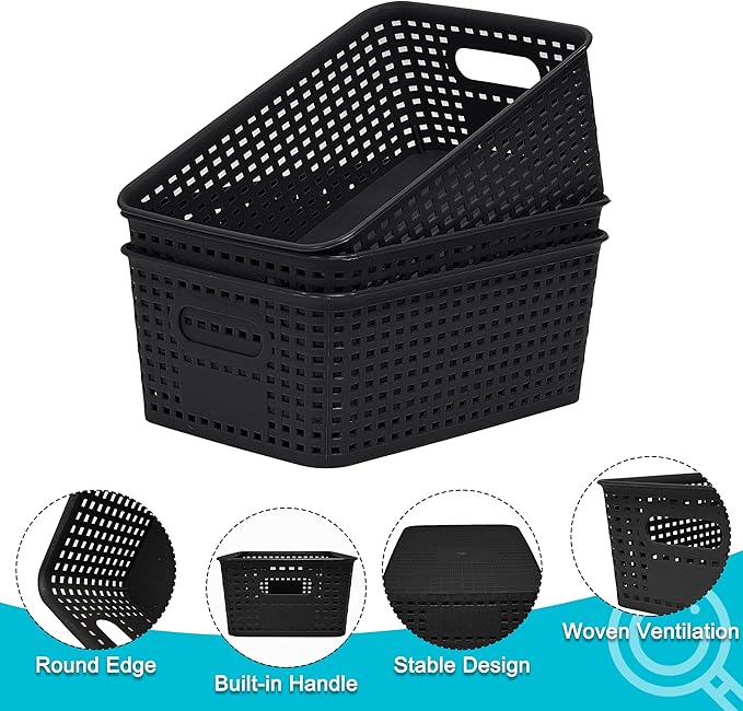 Soddeph 6 Pack Plastic Storage Baskets with Handles,Stackable Organizer Bins for Closet, Bathroom, Kitchen, Office, Shelf and Cabinet Organization (Black, Grid-6PACK)