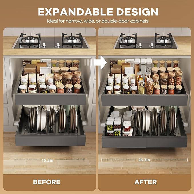 4 Pack Pull out Cabinet Organizer 21" Deep With Raising Pad for Framed Cabinets,Expandable (15.2"-26.3"W) Slide out Drawers for Kitchen Cabinets with 4pcs Divider Racks,Roll out Shelves,Black