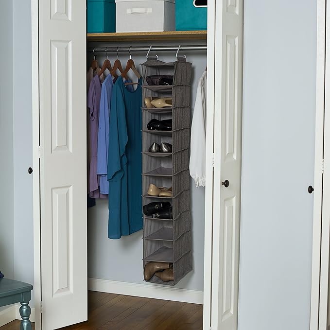 Household Essentials 10-Shelf Wide Hanging Shoe Organizer, Soft and Durable Polyester, Versatile, Breathable, Stylish, Compact, Sturdy Hooks for Rod or Wire Closets, Gray