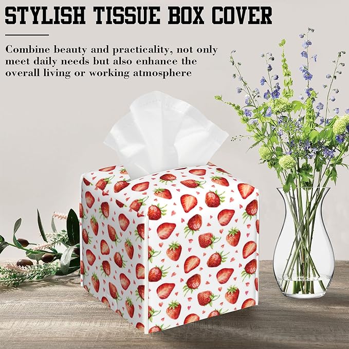 Tissue Box Cover Strawberry and Heart Leather Tissue Box Holder Cube Paper Case Cover Facial Paper Organizer Dispenser for Bathroom, Vanity Countertop, Office Desk