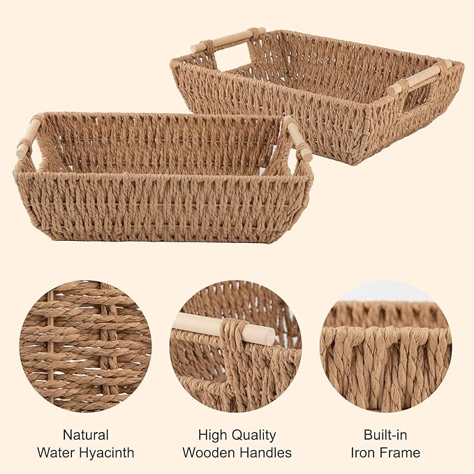 OIAHOMY Storage Baskets, Small Paper Rope Wicker Organizers with Wooden Handles, Baskets for Organizing, 2-Pack, Yellow