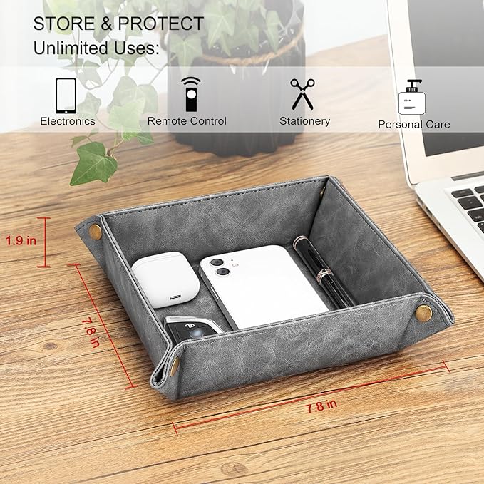 SITHON Valet Tray Desktop Storage Organizer â Premium PU Leather Catchall Bedside Vanity Tray Nightstand Caddy Holder for Remote Controller, Keys, Phone, Wallet, Coin, Jewelry (Gray)