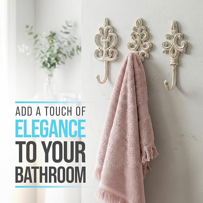 Comfify Shabby Chic Decorative Wall Hooks - Set of 3 - Cast Iron French Country Wall Decor - Farmhouse Hangers for Coats, Purses and More - Rustic White
