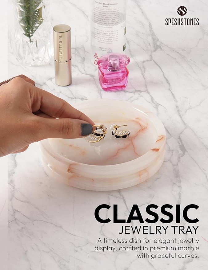 Marble Jewelry Dish 5 Inch Handmade Cream Onyx Jewelry Tray, Trinket Dish - Candle, Key & Ring Holder for Aesthetic Room Decor and Gifts for Women