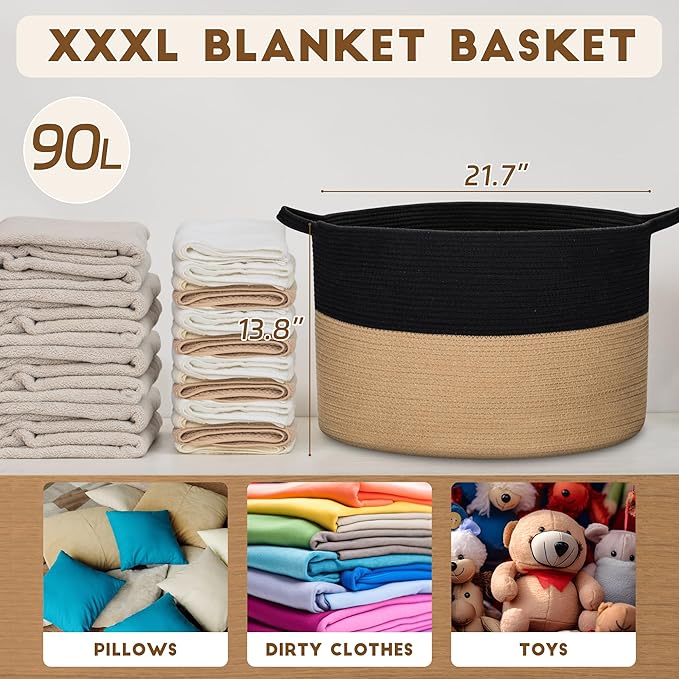 XXXLarge Woven Cotton Rope Basket (21.7" x 13.8") – Blanket Basket for Living Room, Laundry Hamper, Baby Laundry Hamper, Toy Storage, Pillows & Cushions Organizer (Black&Brown)