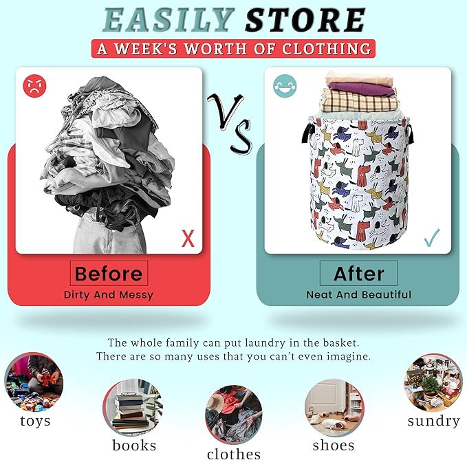 Cute Cartoon Animal Dogs Laundry Basket Foldable With Handles Tote Bag Oxford Cloth Funny Dog Laundry Hamper Clothes Storage Bucket Toy Organizer 18.9" x16.5" For Bathroom/Laundry/Bedroom