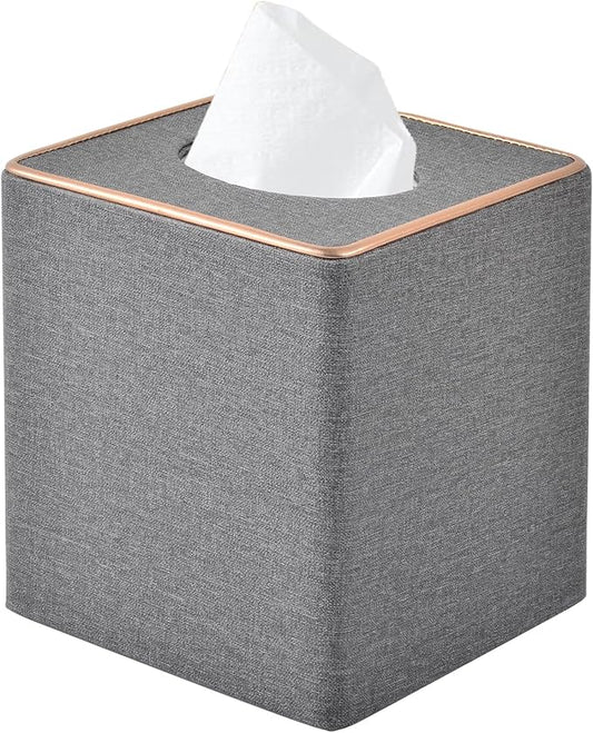 Linen Square Tissue Box Holder Cube Tissue Box Coverï¼Rosegold Leather Recorate,Napkin Holder Case Dispenser, Tissue Holders with Magnetic Bottom for Home Office Car Hotel Restaurant,Grey