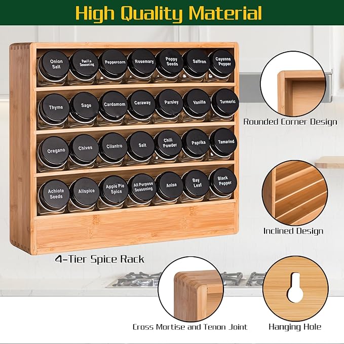 Bamboo Tiered Spice Rack Organizer for Cabinet,Wooden Seasoning Rack for Countertop, Cupboard, Pantry, Kitchen (Spice Jars Included)