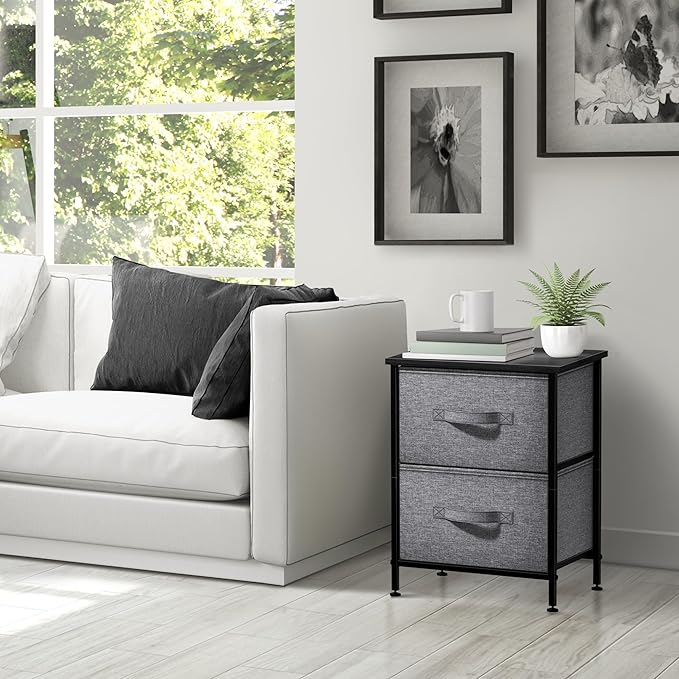 Sorbus Nightstand with 2 Drawers - Bedside Furniture End Table Night Stand with Steel Frame, Wood Top & Easy Pull Fabric Bins - Small Dresser & Chest for Home, Bedroom Accessories & Office