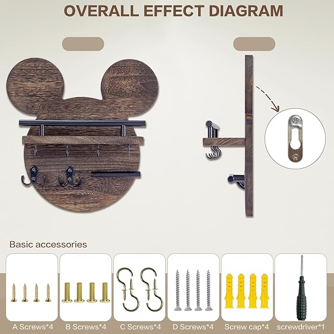 AIRPOP Key Holder for Wall–Mouse Wooden Mail Organizer Wall Mount with Shelf and 6 Hooks, Easy Installation Key Rack Hanger for Entryway Living Room Home Decor (Brown)