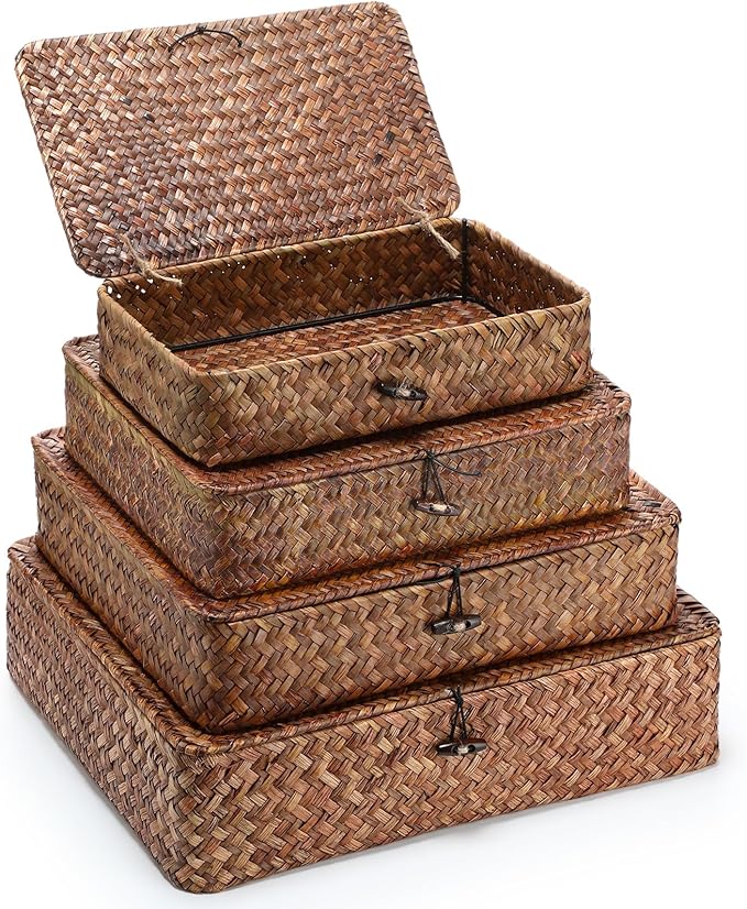 Set of 4 Seagrass Basket with Lid Wicker Storage Basket Decorative Storage Boxes with Lids Flat Storage Bins Woven Organizer Baskets for Shelf Closet Bedroom, 4 Sizes (Dark Brown)