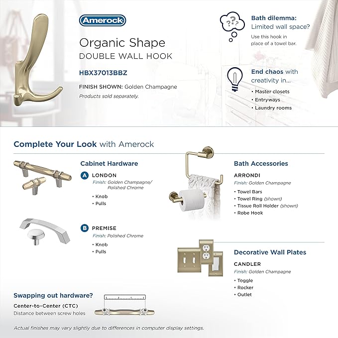 Amerock HBX37013BBZ | Finesse Triple Prong Decorative Wall Hook | Golden Champagne Hook for Coats, Hats, Backpacks, Bags | Hooks for Bathroom, Bedroom, Closet, Entryway, Laundry Room, Office