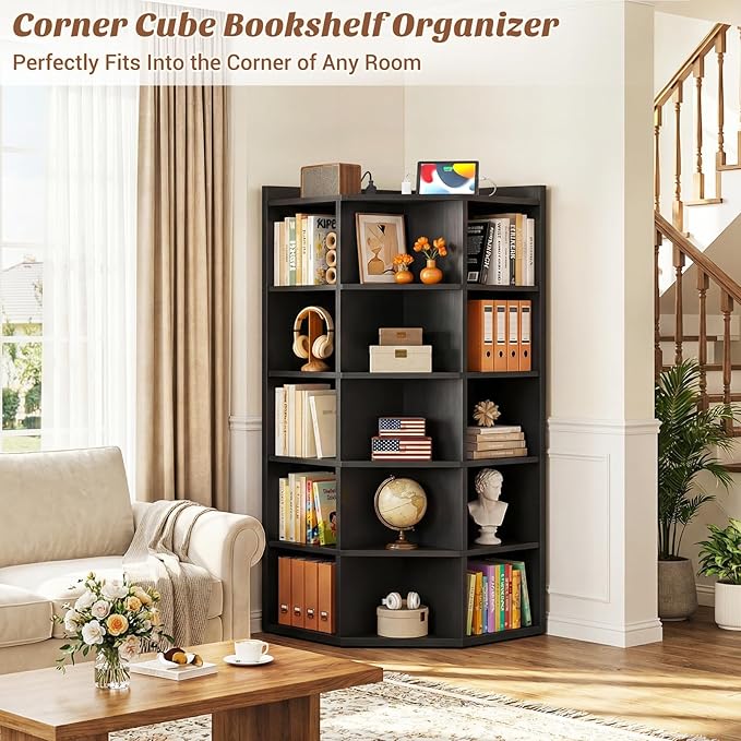 Aheaplus Corner Cabinet, 6-Tier Corner Bookshelf with Power Outlets, Corner Cube Storage Shelf with Top Table, Wooden L Cubby Toy Storage with 15 Cubes for Home Office, Bedroom, Living Room, Black