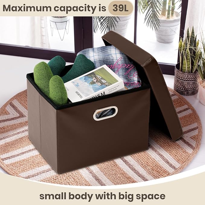 COSYLAND Ottoman with Storage Folding Leather Ottoman Footrest Foot Stool Brown Ottoman for Rooms Small Rectangle Collapsible Bench Furniture with Handles Lid 17x13x13in