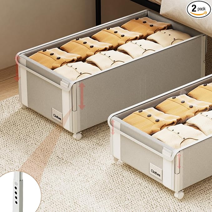 2Pack Under Bed Storage with Wheels,9.5"-12"Tall Adjustable Height Underbed Storage,Deep Under Bed Storage Containers,Rolling Under Bed Clothes Storage,Metal Under Bed Drawers for Shoes,Blankets,Toys