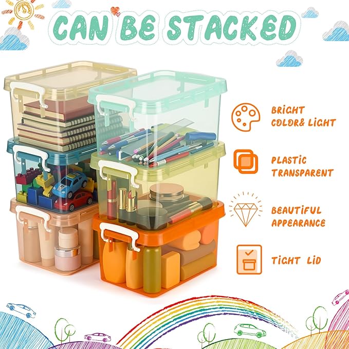 Wenqik 12 Pack Colorful Plastic Storage Bins with Lids 4 Quart Small Storage Latch Box Stackable and Nestable Clear Organizer Bins with Latching Handle and Buckle for Organizing (Mondrian)