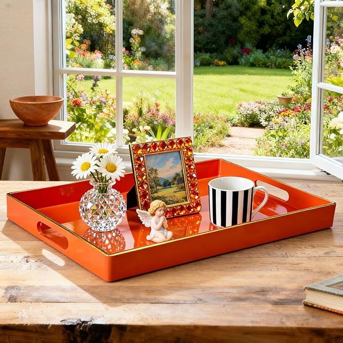 Zosenley Decorative Tray, Rectangular Plastic Tray with Handles, Modern Vanity Tray and Serving Tray for Bathroom, Kitchen, Ottoman and Coffee Table, 15.6â x 10.2â (Orange)