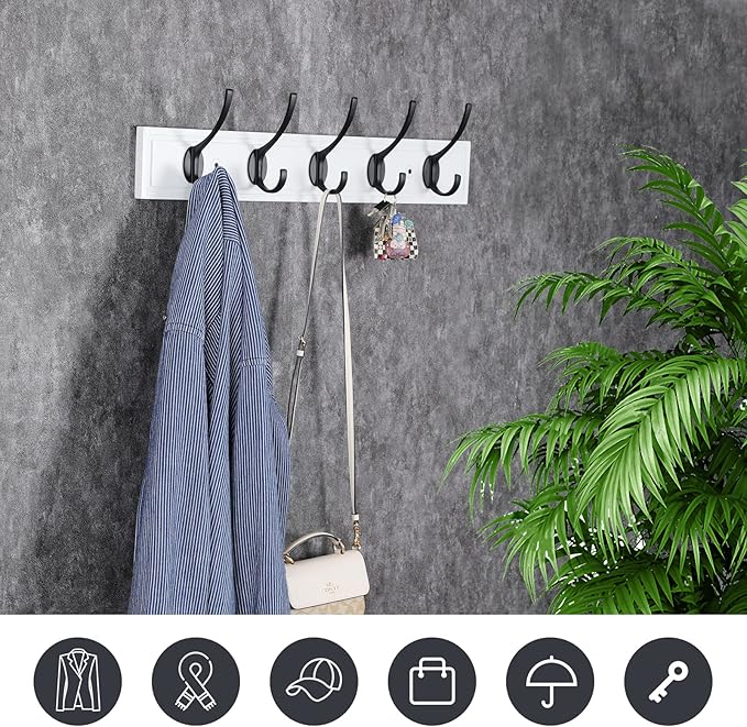 HOME MASTER HARDWARE Coat Rack Wall Mount White,MDF Wall Mounted Coat Hooks for Hanging Coats, 27" Hat Rack for Wall with 5 Black Hooks