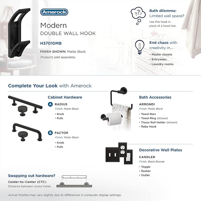 Amerock H37010MB | Avid Double Prong Decorative Wall Hook | Matte Black Hook for Coats, Hats, Backpacks, Bags | Hooks for Bathroom, Bedroom, Closet, Entryway, Laundry Room, Office
