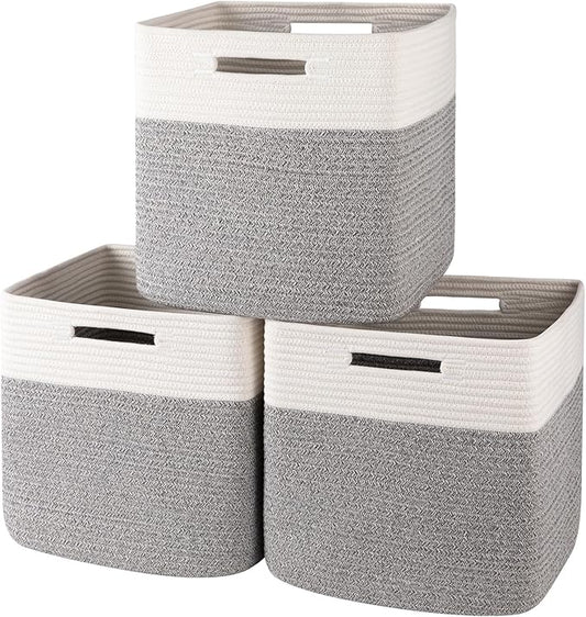 OIAHOMY 13 Kallax Inch Cube Storage Bins, 3-Pack Cotton Rope Woven Baskets for Organizing, Kallax Insert Storage Baskets for Shelves, Baby Nursery, Closet Organizer, 13 * 13 * 12.6IN, Grey & White