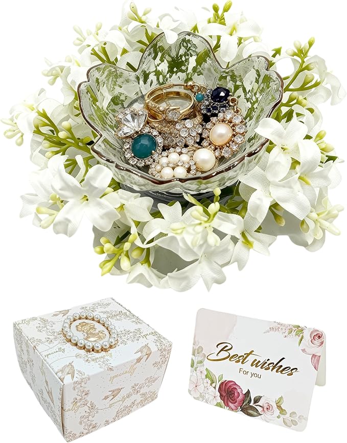 Mini Flower Ring Plate Jewelry Storage Tray Ring Holder for Dressing Table, Bedside Table, Room Bathroom Decoration, Cute Valentine's Day Christmas Birthday Gift for Women (white flower)