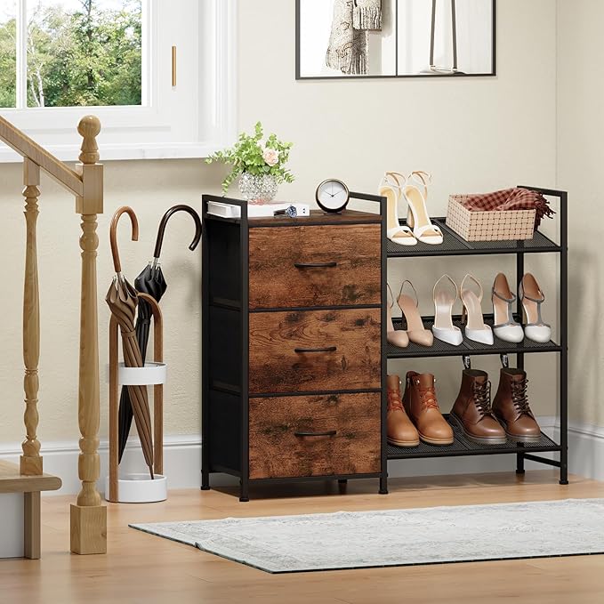 Somdot Shoe Rack, 3 Tier Shoe Organizer with 3 Drawers, Metal Shoe Storage Shelf for 6-9 Pairs of Shoes, Narrow Shoe Rack for entryway, Wood Grain Print