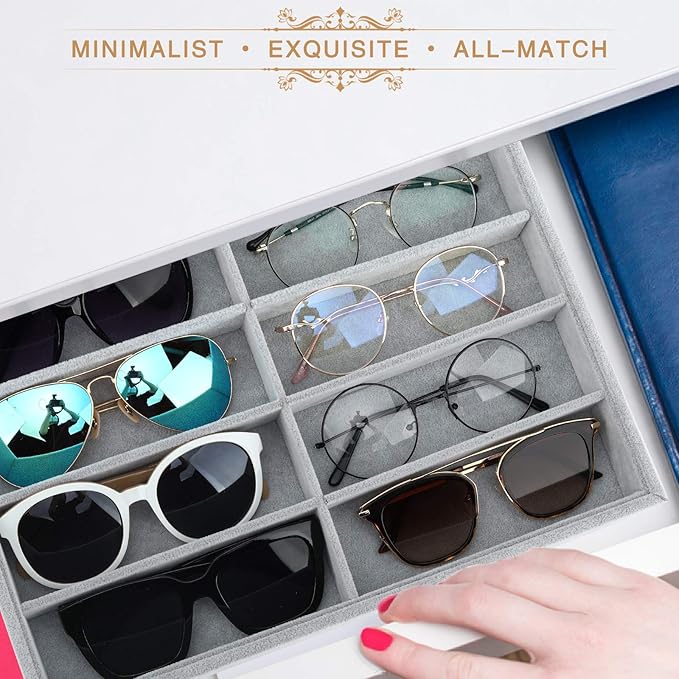 Emibele Sunglass Organizer Jewelry Tray, 8 Grids Velvet Tray Glasses Watch Storage Stackable Eyeglasses Jewelry Showcase Display Organizer Tray - Grey