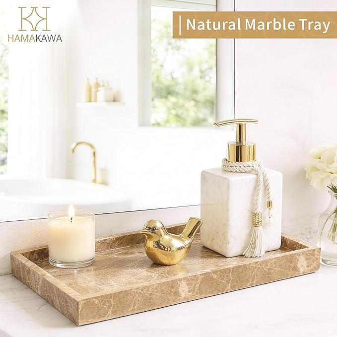 Large Bathroom Vanity Tray, Real Natural Marble Tray 12 inch, Emperador Light Marble Stone Toilet Tank Trays, Modern Dresser Trays, Countertop Organizer for Kitchen Counter, Soap Dispenser