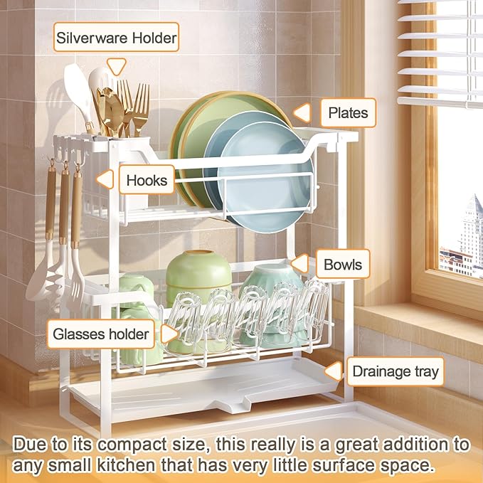 Dish Rack with Drainboard, Organizes Dishes and Bathroom Items for Narrow Spaces, Two-Story Drying Rack Fits 12 Plates 12 Bows 5 Glasses 4 Hooks and Some Cutlery, White