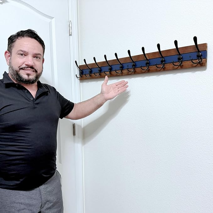 SKOLOO Rustic Coat Rack Wall Mount- 38-1/8" Long Coat Hooks for Wall with 10 Triple Hooks for Hanging Coats, Hats or Tools, Western National Parks Collection, Wood Brown & Blue, Pack of 2