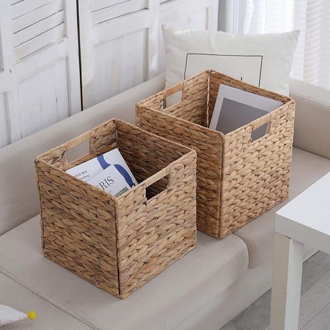 Foldable Wicker Storage Baskets 4-Pack, 11.2 Inch Collapsible Woven Cube Organizer Bins, Hyacinth Storage Baskets for Home, Shelf, Closet, Office Organization