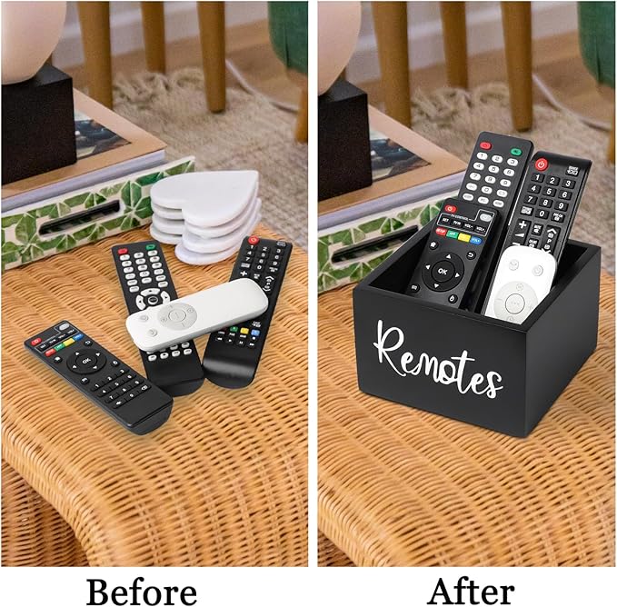 Wood Remote Control Holder, TV Remote Control Organizer for Home Bedroom Table, Multi-Purpose Desktop Storage (Black, M, for 3+ Remote Control)