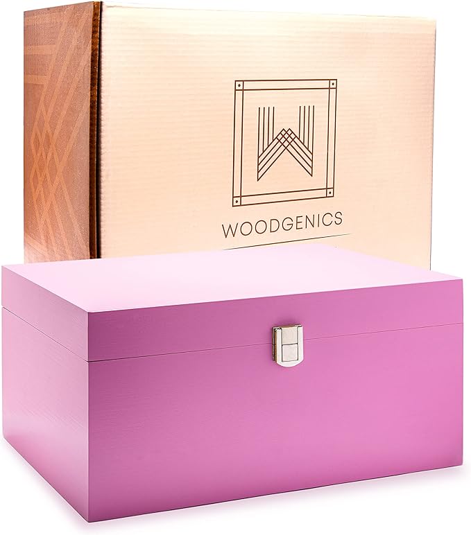 Large Memory Box For Keepsakes - Decorative Boxes With Hinged Lids, Pink Wooden Storage Box
