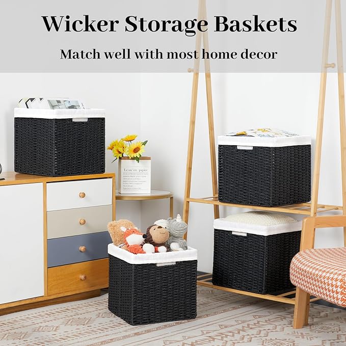 DULLEMELO Wicker Storage Baskets for Shelves, Woven Cube Storage Bins Set of 4, 11x11x11 inch Foldable Wicker Baskets for Shelves,Closet, Clothes, Toys-Black